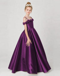 Dideyttawl Satin Girl Formal Dress with 3D Flowers & Off-Shoulder Straps
