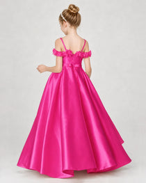 Dideyttawl Satin Girl Formal Dress with 3D Flowers & Off-Shoulder Straps