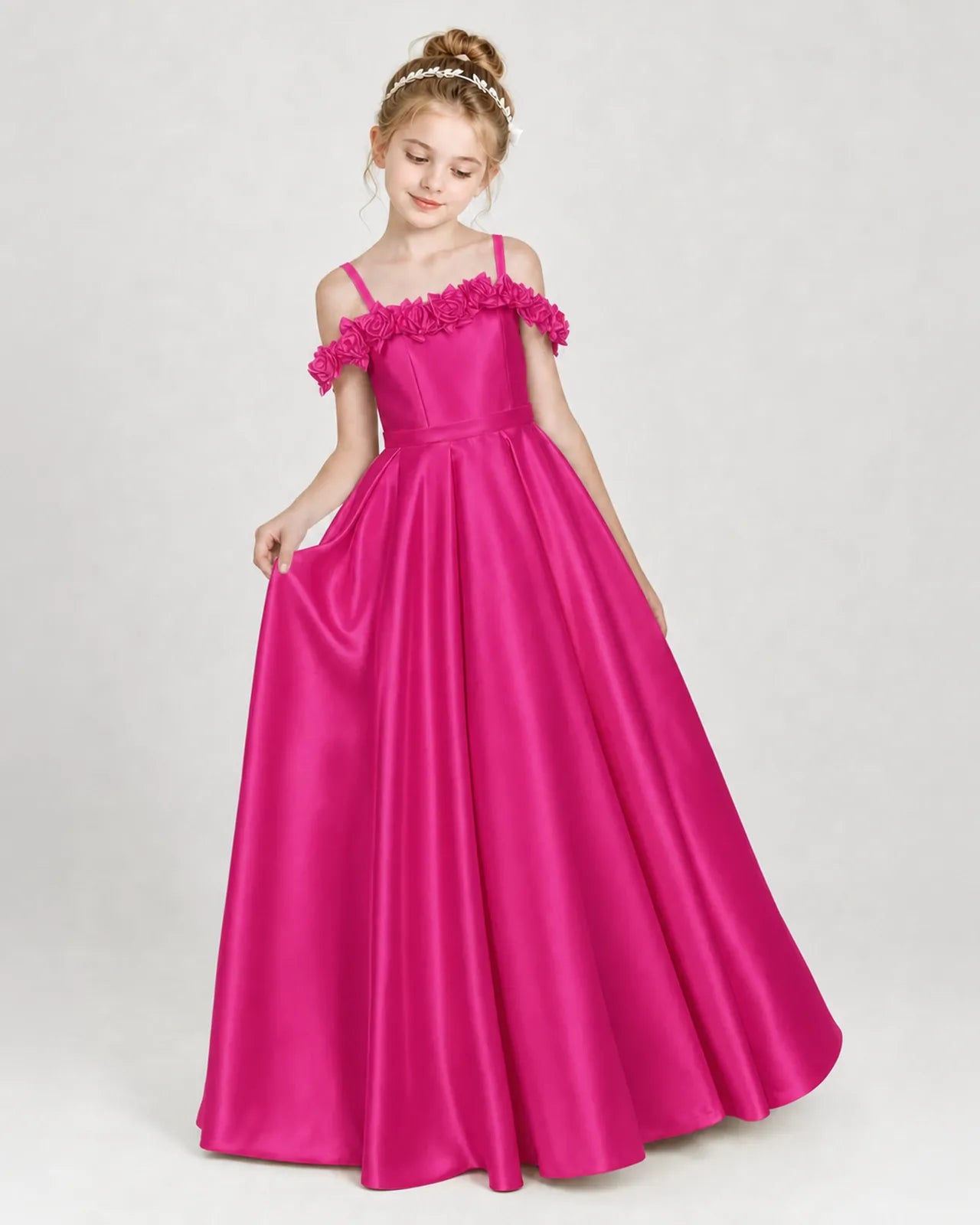 Hot Pink Satin A-line Girls Formal Dress Front View