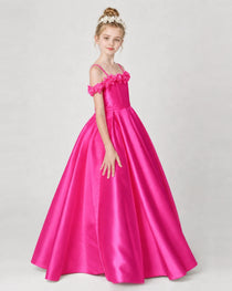Dideyttawl Satin Girl Formal Dress with 3D Flowers & Off-Shoulder Straps