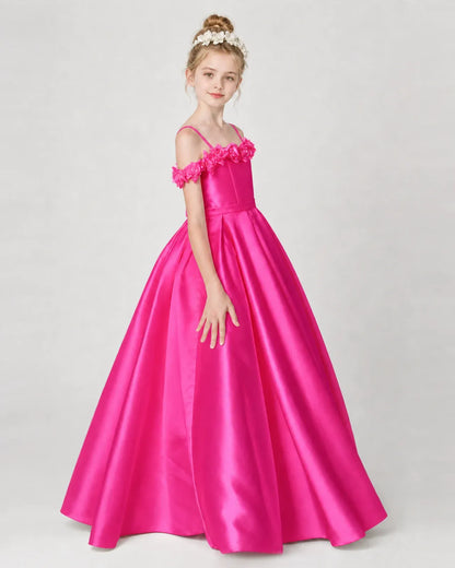 Hot Pink Satin A-line Girls Formal Dress Side View