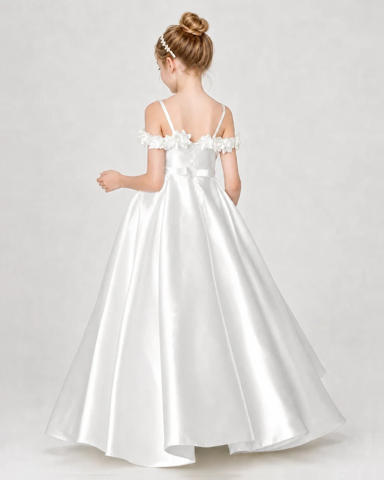 Dideyttawl Satin Girl Formal Dress with 3D Flowers & Off-Shoulder Straps