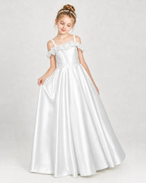 Dideyttawl Satin Girl Formal Dress with 3D Flowers & Off-Shoulder Straps