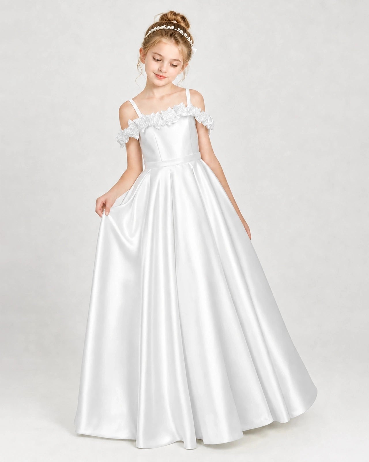 Dideyttawl Satin Girl Formal Dress with 3D Flowers & Off-Shoulder Straps