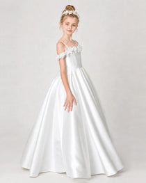 Dideyttawl Satin Girl Formal Dress with 3D Flowers & Off-Shoulder Straps
