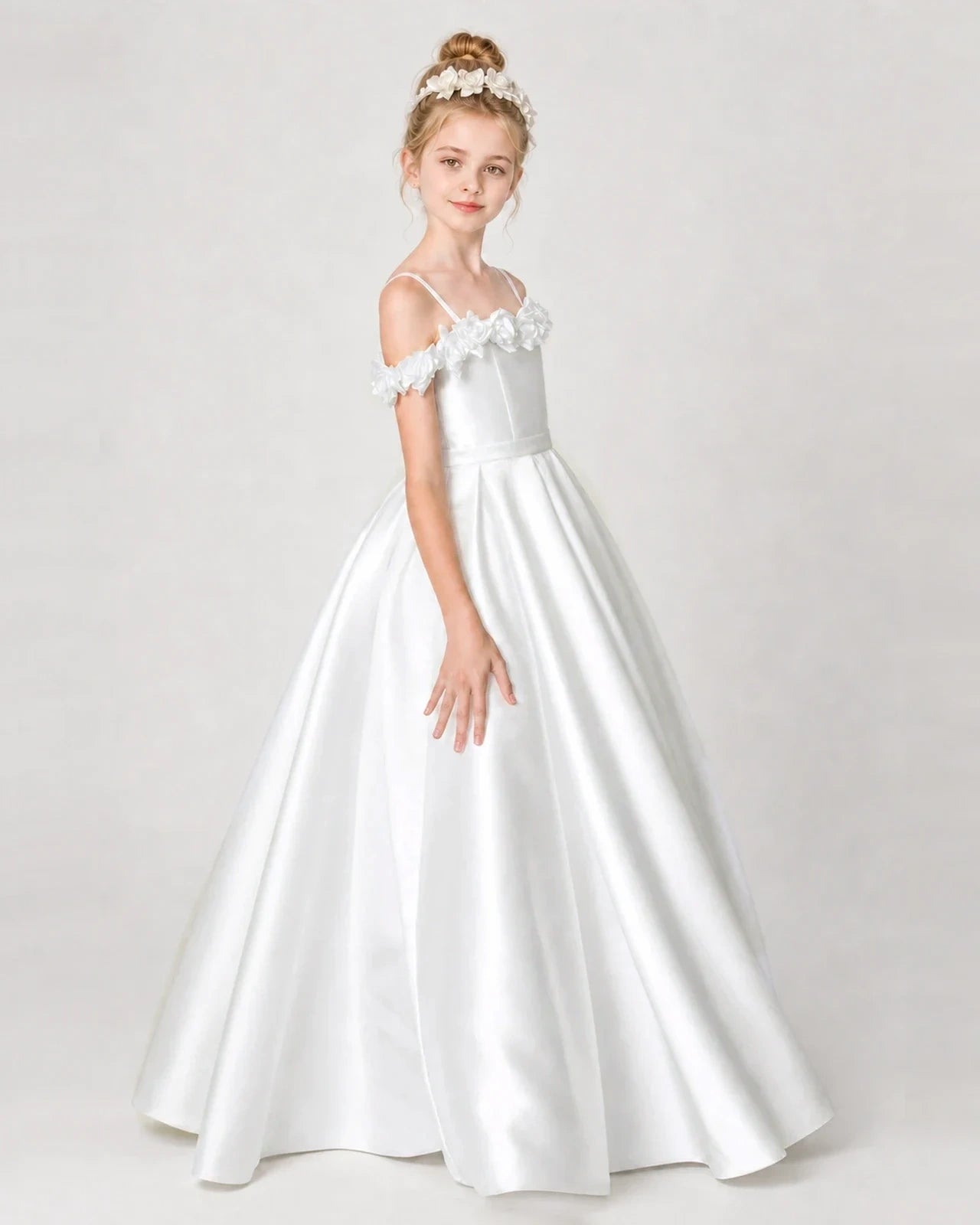 Dideyttawl Satin Girl Formal Dress with 3D Flowers & Off-Shoulder Straps