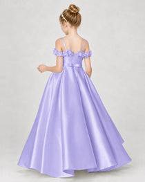 Dideyttawl Satin Girl Formal Dress with 3D Flowers & Off-Shoulder Straps