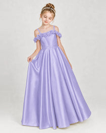 Dideyttawl Satin Girl Formal Dress with 3D Flowers & Off-Shoulder Straps