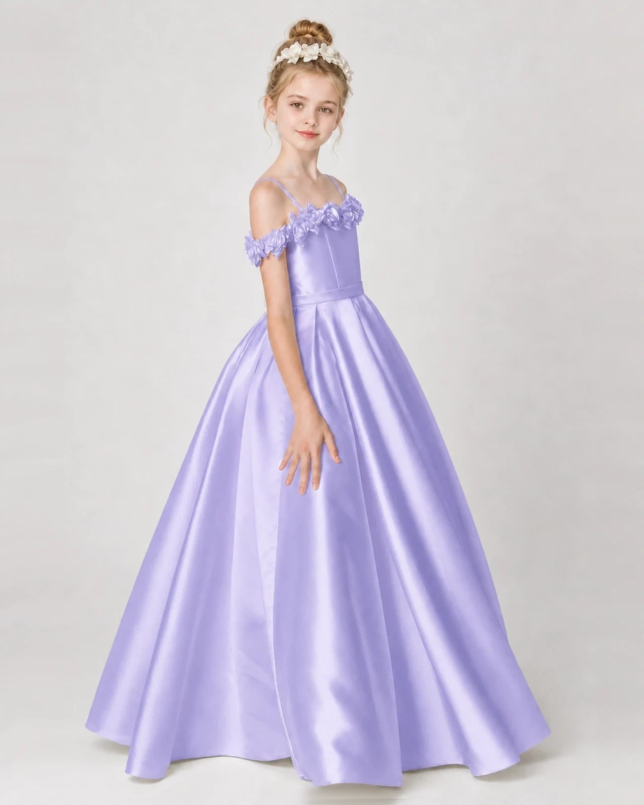 Dideyttawl Satin Girl Formal Dress with 3D Flowers & Off-Shoulder Straps
