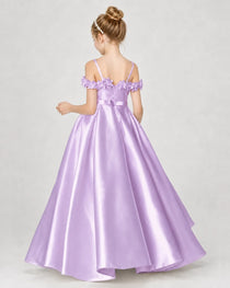 Dideyttawl Satin Girl Formal Dress with 3D Flowers & Off-Shoulder Straps