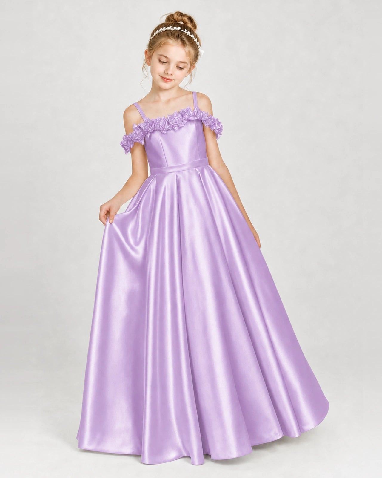 Dideyttawl Satin Girl Formal Dress with 3D Flowers & Off-Shoulder Straps