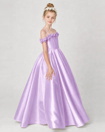 Dideyttawl Satin Girl Formal Dress with 3D Flowers & Off-Shoulder Straps