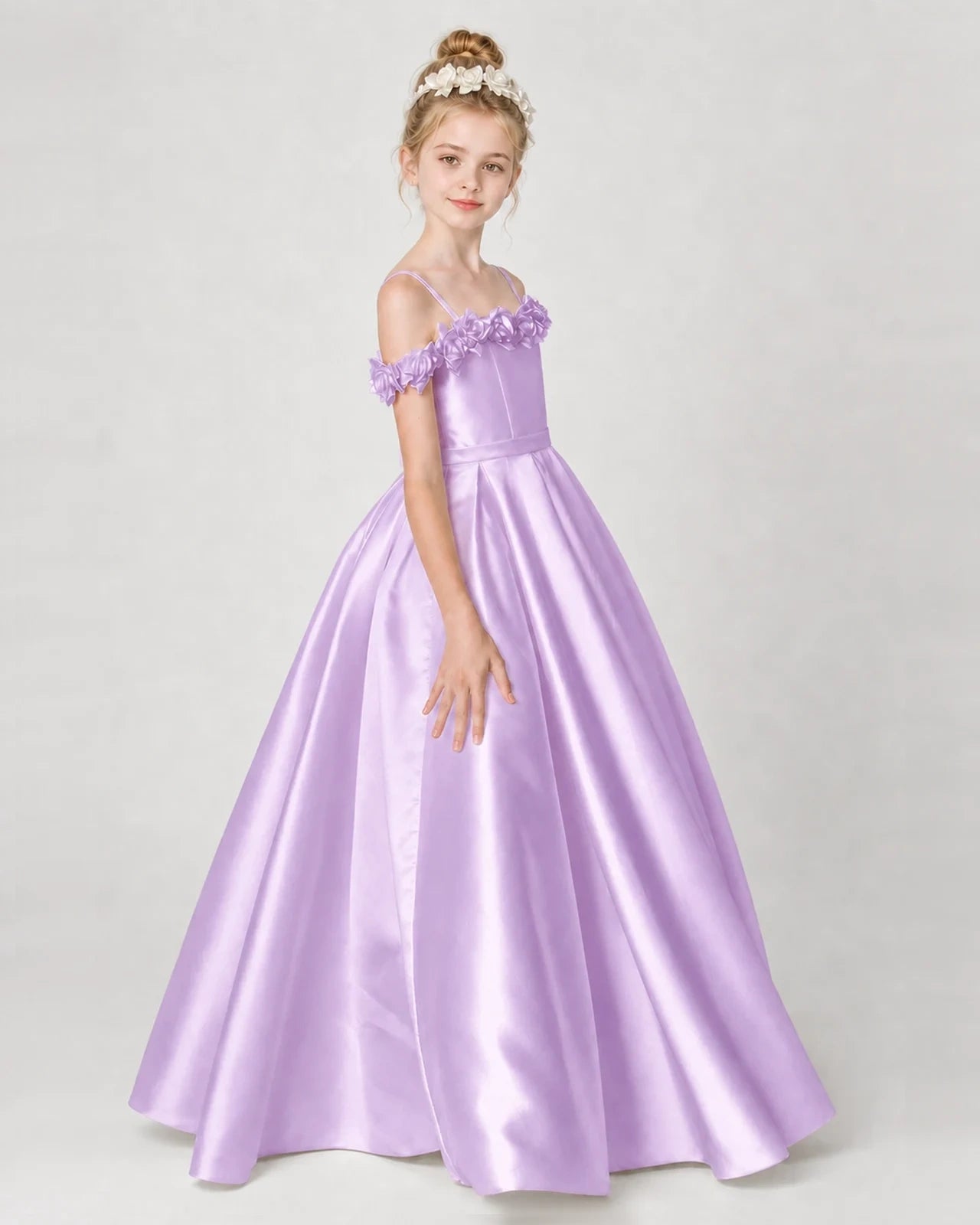 Dideyttawl Satin Girl Formal Dress with 3D Flowers & Off-Shoulder Straps