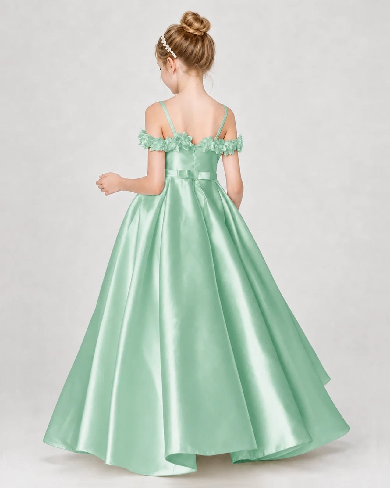 Dideyttawl Satin Girl Formal Dress with 3D Flowers & Off-Shoulder Straps