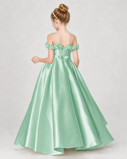 Mint Green Satin A-line Girls Formal Dress Back View