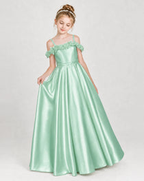 Dideyttawl Satin Girl Formal Dress with 3D Flowers & Off-Shoulder Straps