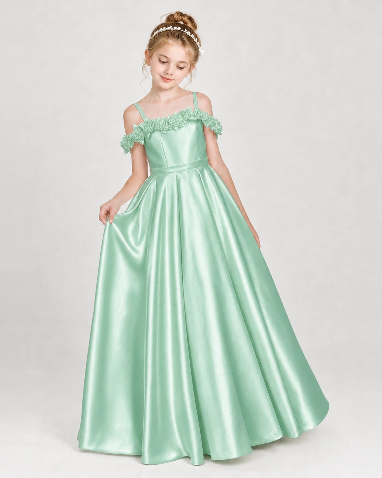 Dideyttawl Satin Girl Formal Dress with 3D Flowers & Off-Shoulder Straps