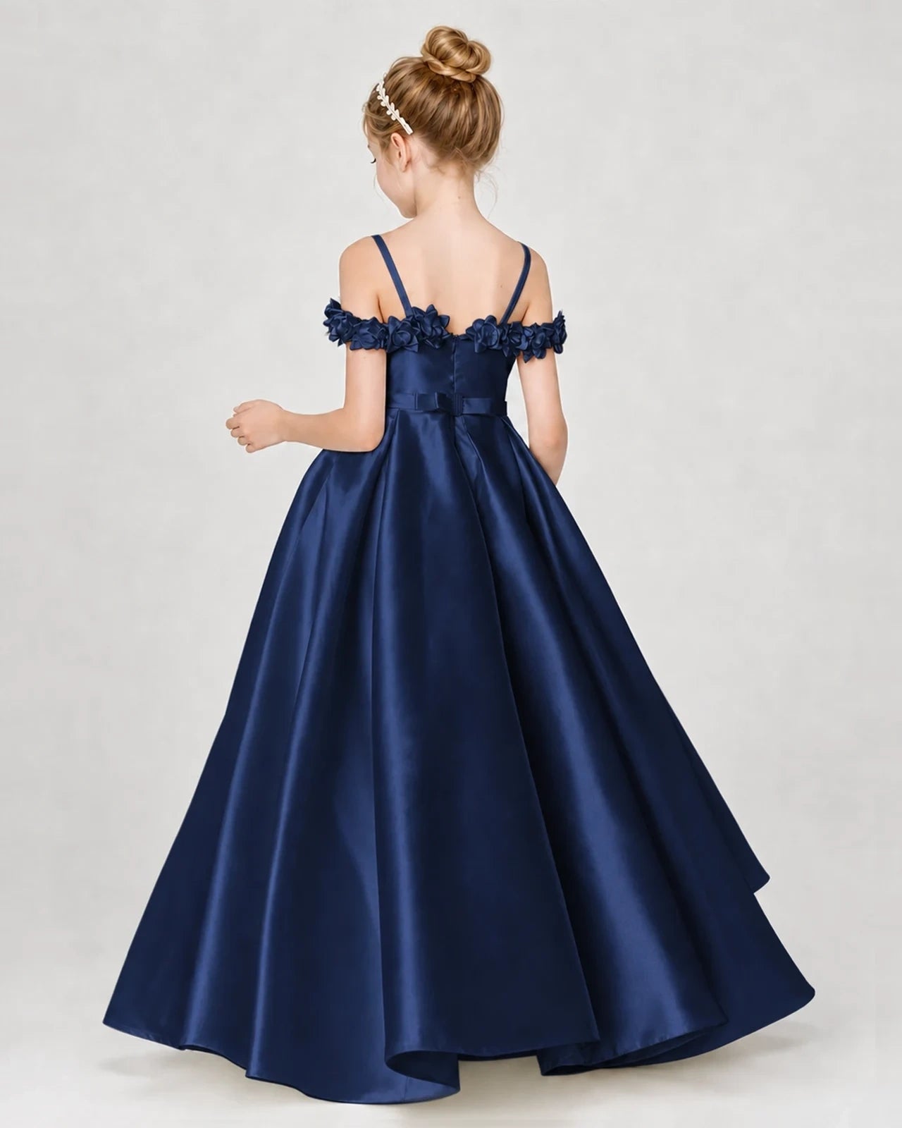 Dideyttawl Satin Girl Formal Dress with 3D Flowers & Off-Shoulder Straps