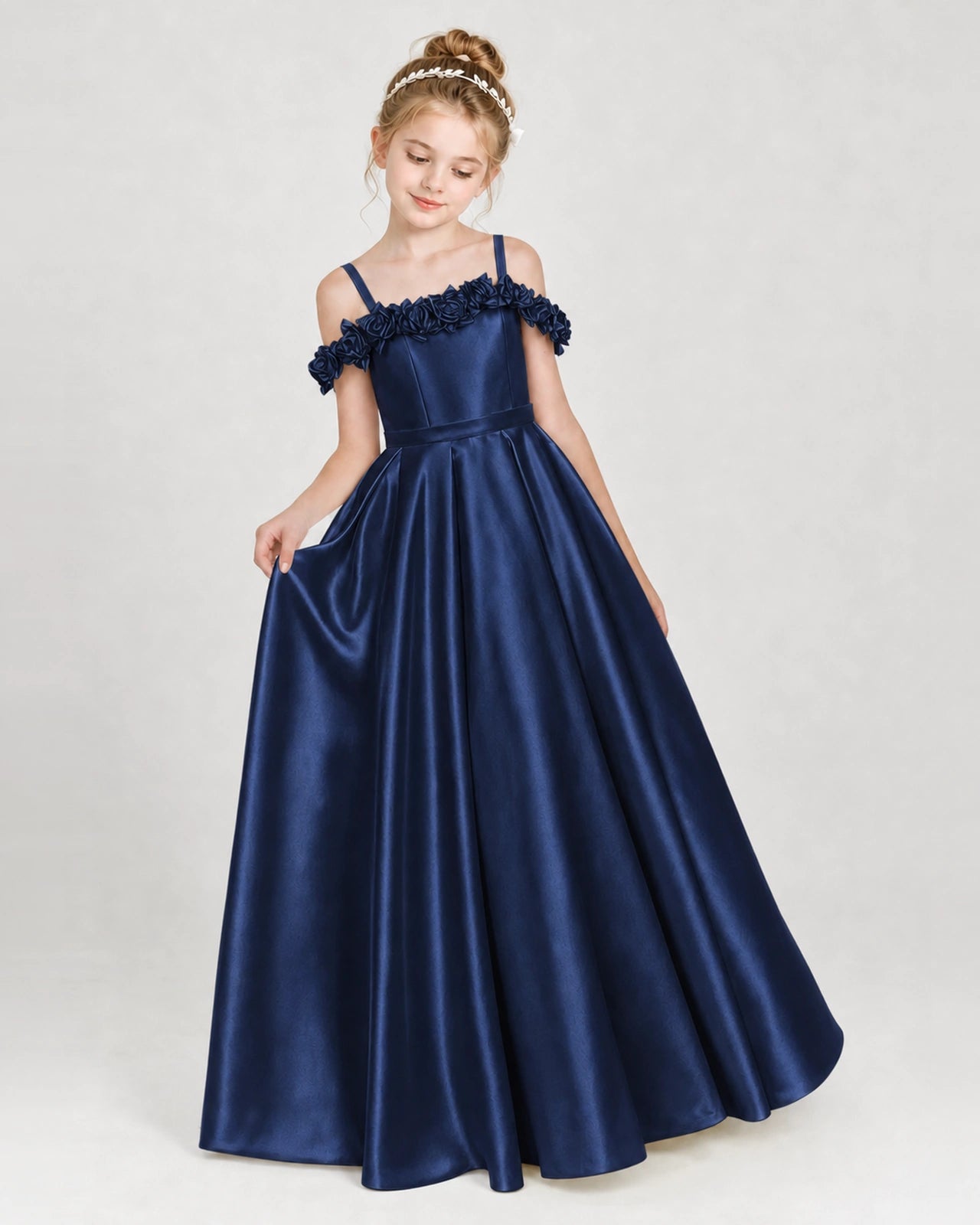 Dideyttawl Satin Girl Formal Dress with 3D Flowers & Off-Shoulder Straps