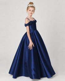 Dideyttawl Satin Girl Formal Dress with 3D Flowers & Off-Shoulder Straps