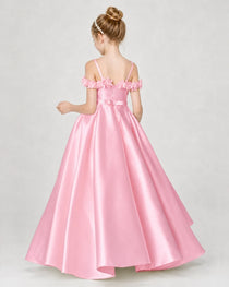 Dideyttawl Satin Girl Formal Dress with 3D Flowers & Off-Shoulder Straps