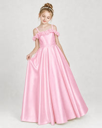 Dideyttawl Satin Girl Formal Dress with 3D Flowers & Off-Shoulder Straps