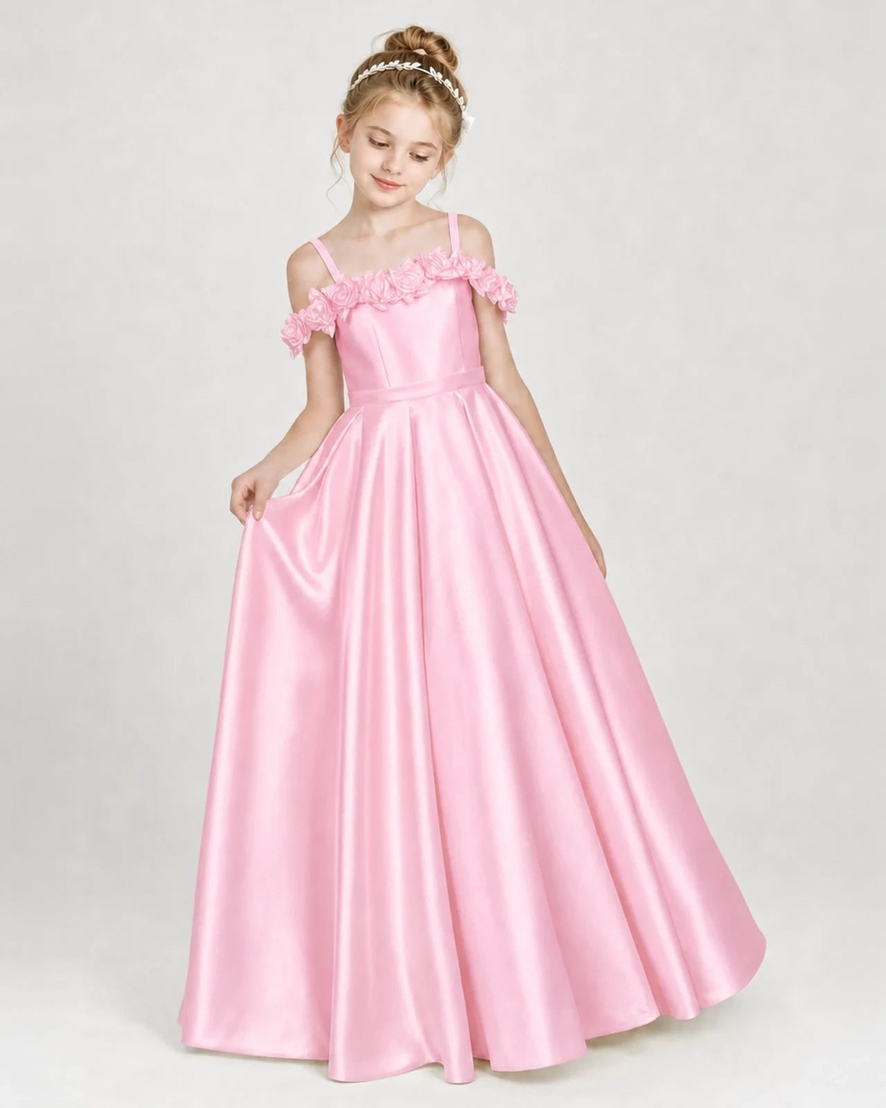 Dideyttawl Satin Girl Formal Dress with 3D Flowers & Off-Shoulder Straps