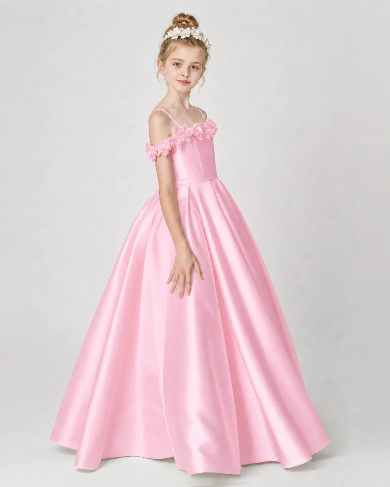 Pink Satin Ball Gown Girls Formal Dress Side View