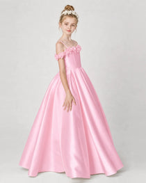 Dideyttawl Satin Girl Formal Dress with 3D Flowers & Off-Shoulder Straps