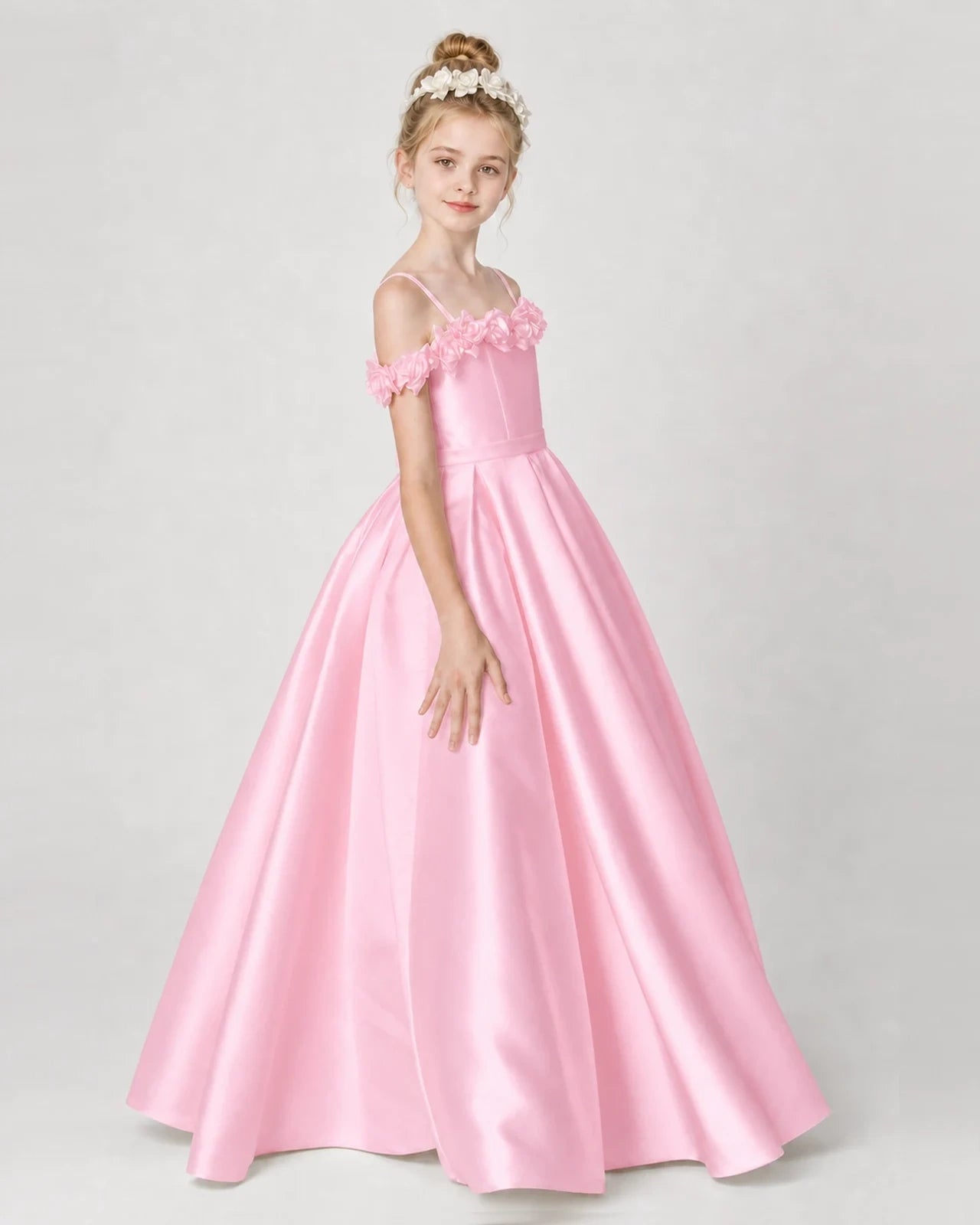 Dideyttawl Satin Girl Formal Dress with 3D Flowers & Off-Shoulder Straps