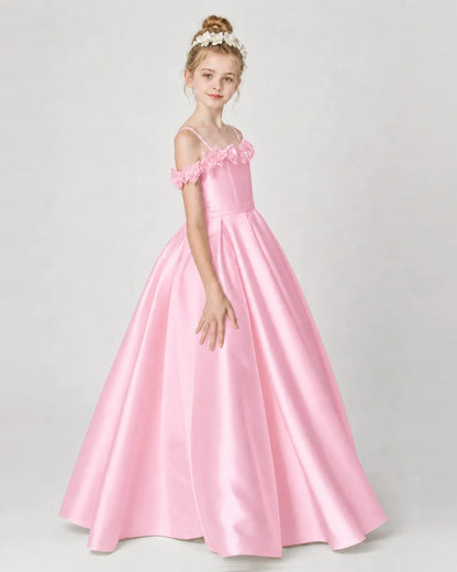Pink Satin Ball Gown Girls Formal Dress Side View