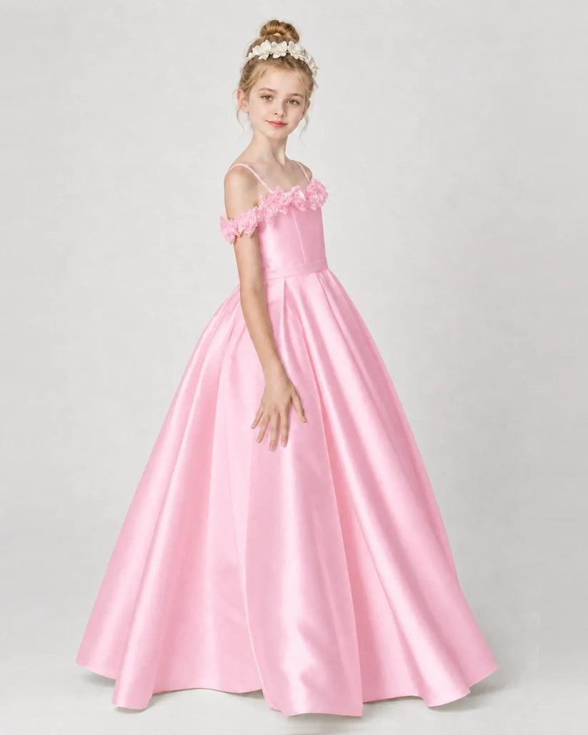 Pink Satin Ball Gown Girls Formal Dress Side View