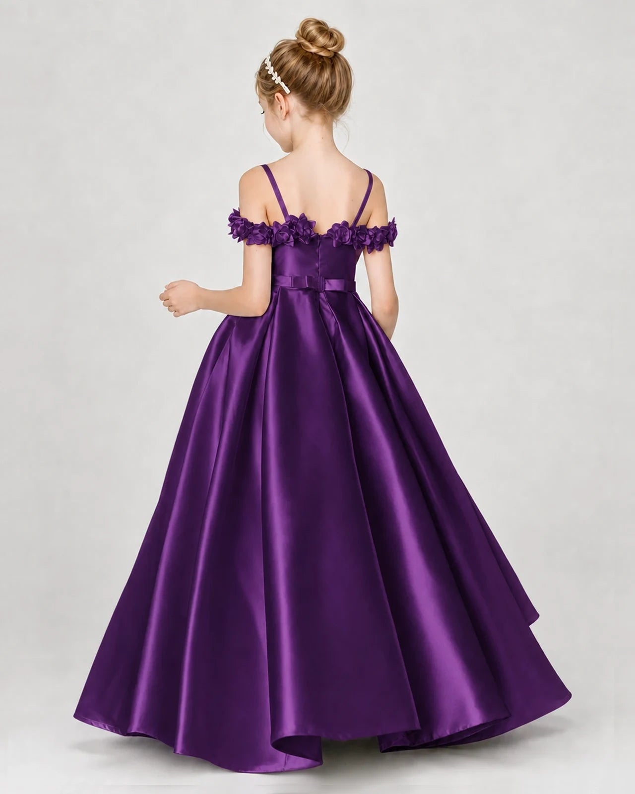 Dideyttawl Satin Girl Formal Dress with 3D Flowers & Off-Shoulder Straps