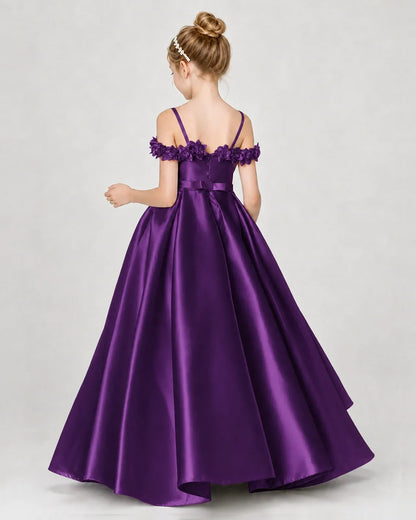 Purple Satin A-line Girls Formal Dress Back View