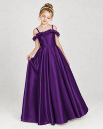 Dideyttawl Satin Girl Formal Dress with 3D Flowers & Off-Shoulder Straps
