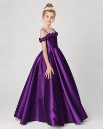 Dideyttawl Satin Girl Formal Dress with 3D Flowers & Off-Shoulder Straps