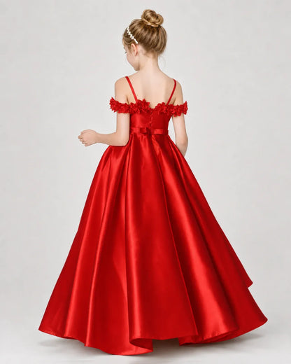 Red Satin A-line Girls Formal Dress Back View