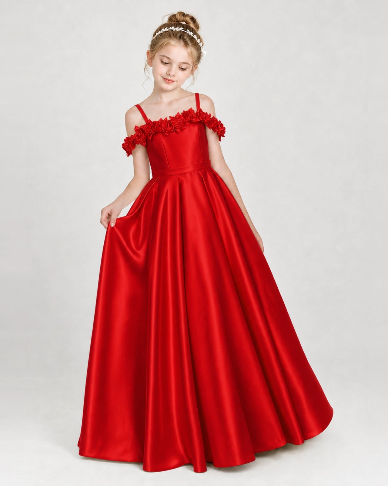 Dideyttawl Satin Girl Formal Dress with 3D Flowers & Off-Shoulder Straps