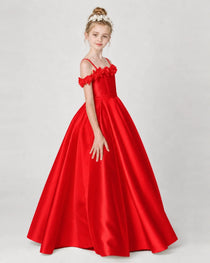 Dideyttawl Satin Girl Formal Dress with 3D Flowers & Off-Shoulder Straps