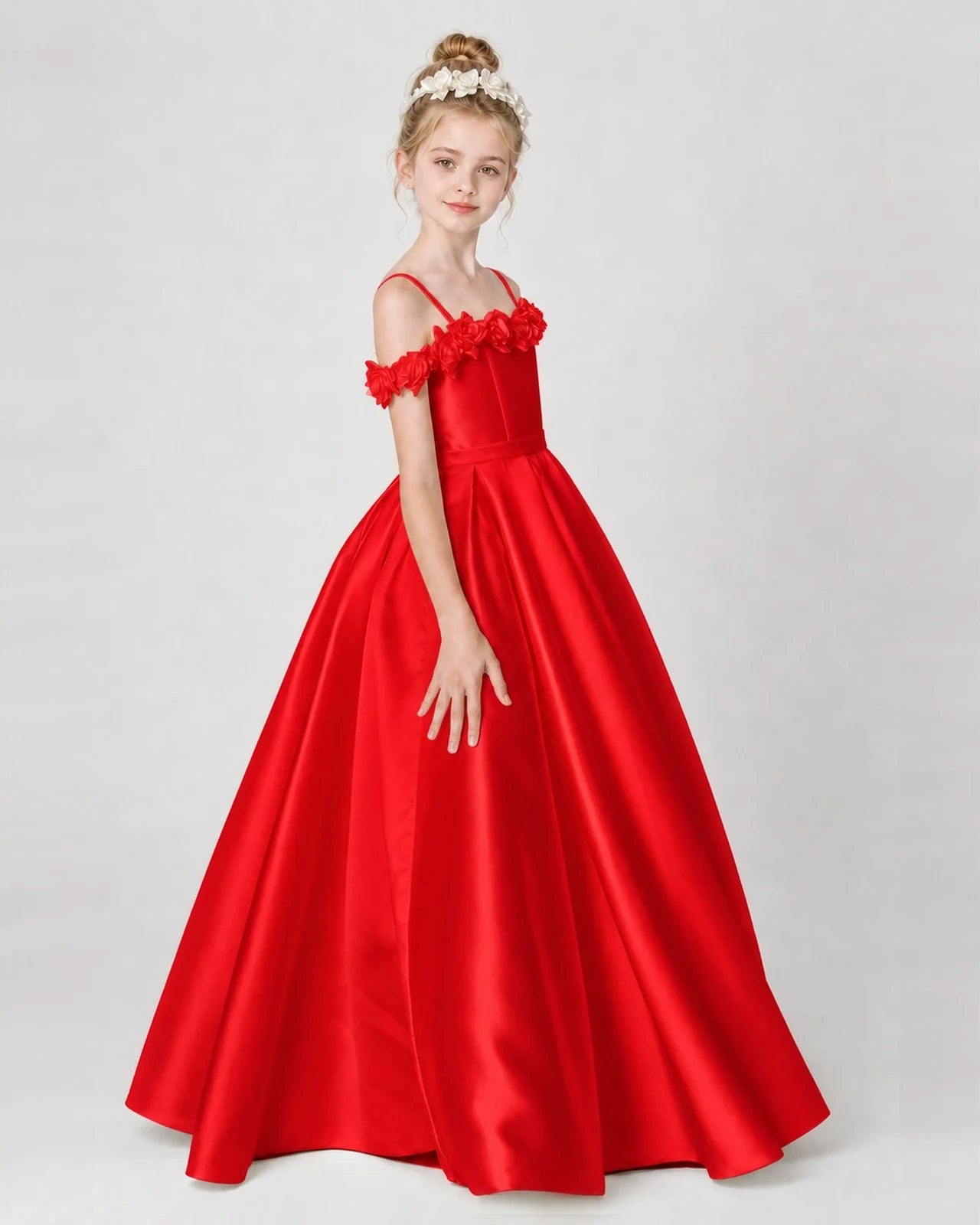 Dideyttawl Satin Girl Formal Dress with 3D Flowers & Off-Shoulder Straps