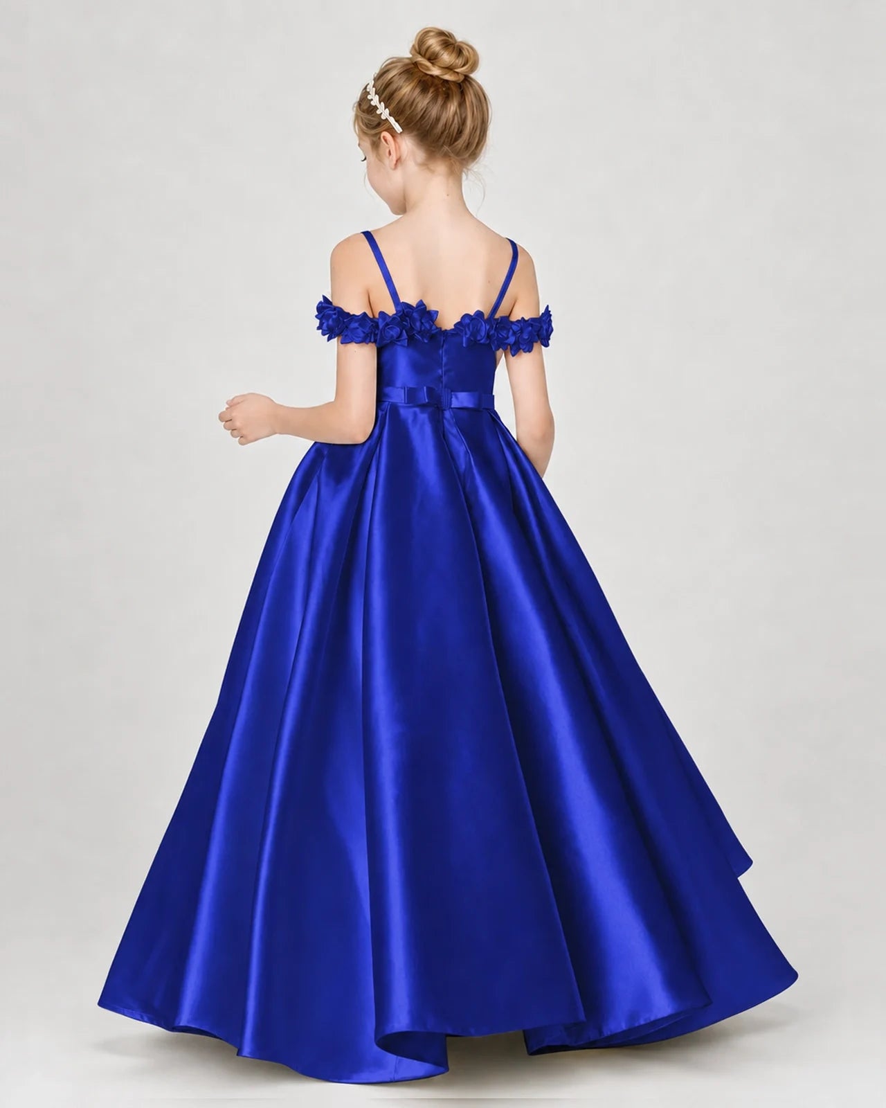 Dideyttawl Satin Girl Formal Dress with 3D Flowers & Off-Shoulder Straps