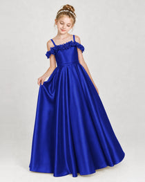Dideyttawl Satin Girl Formal Dress with 3D Flowers & Off-Shoulder Straps