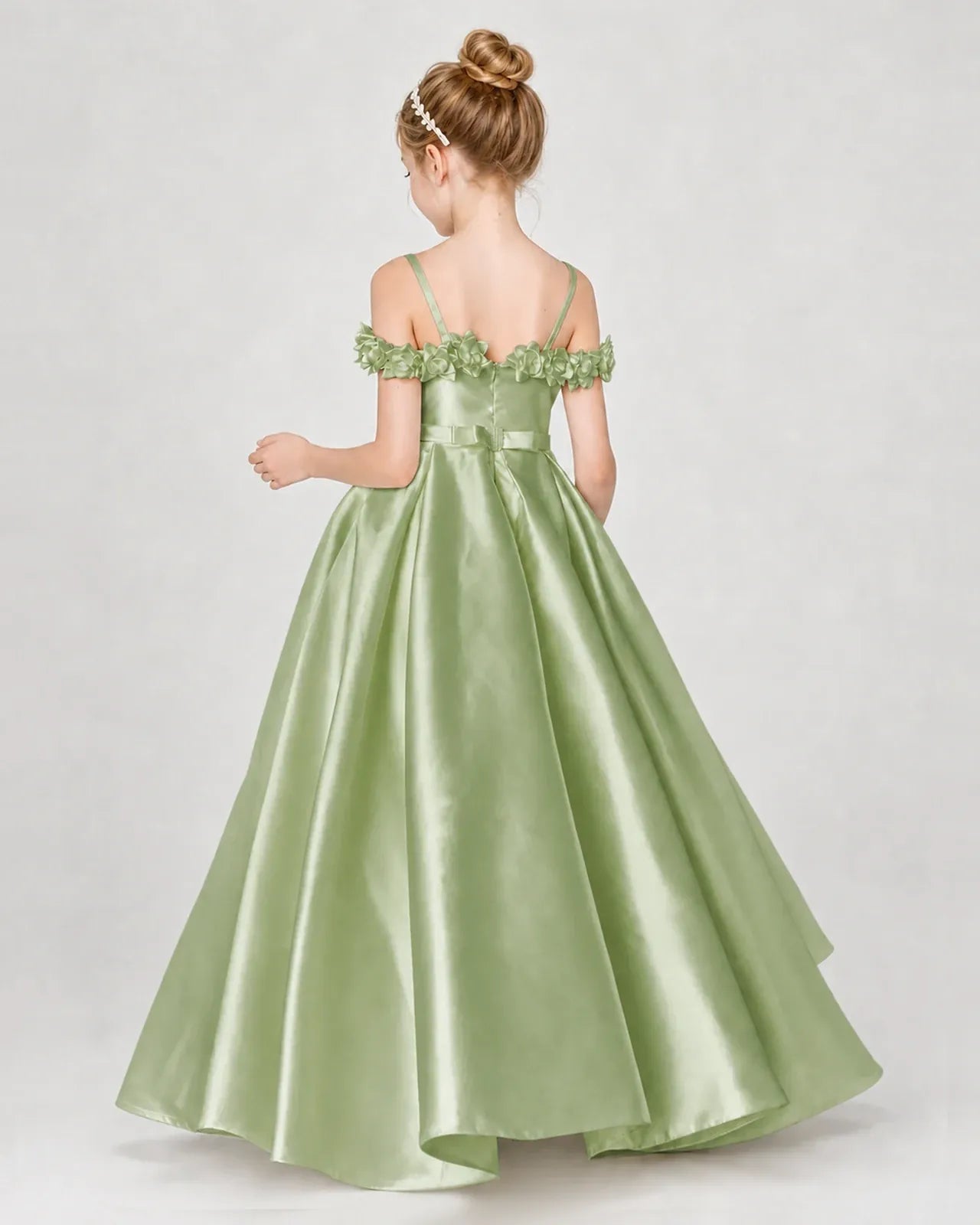 Sage Green Satin A-line Girls Formal Dress Back View
