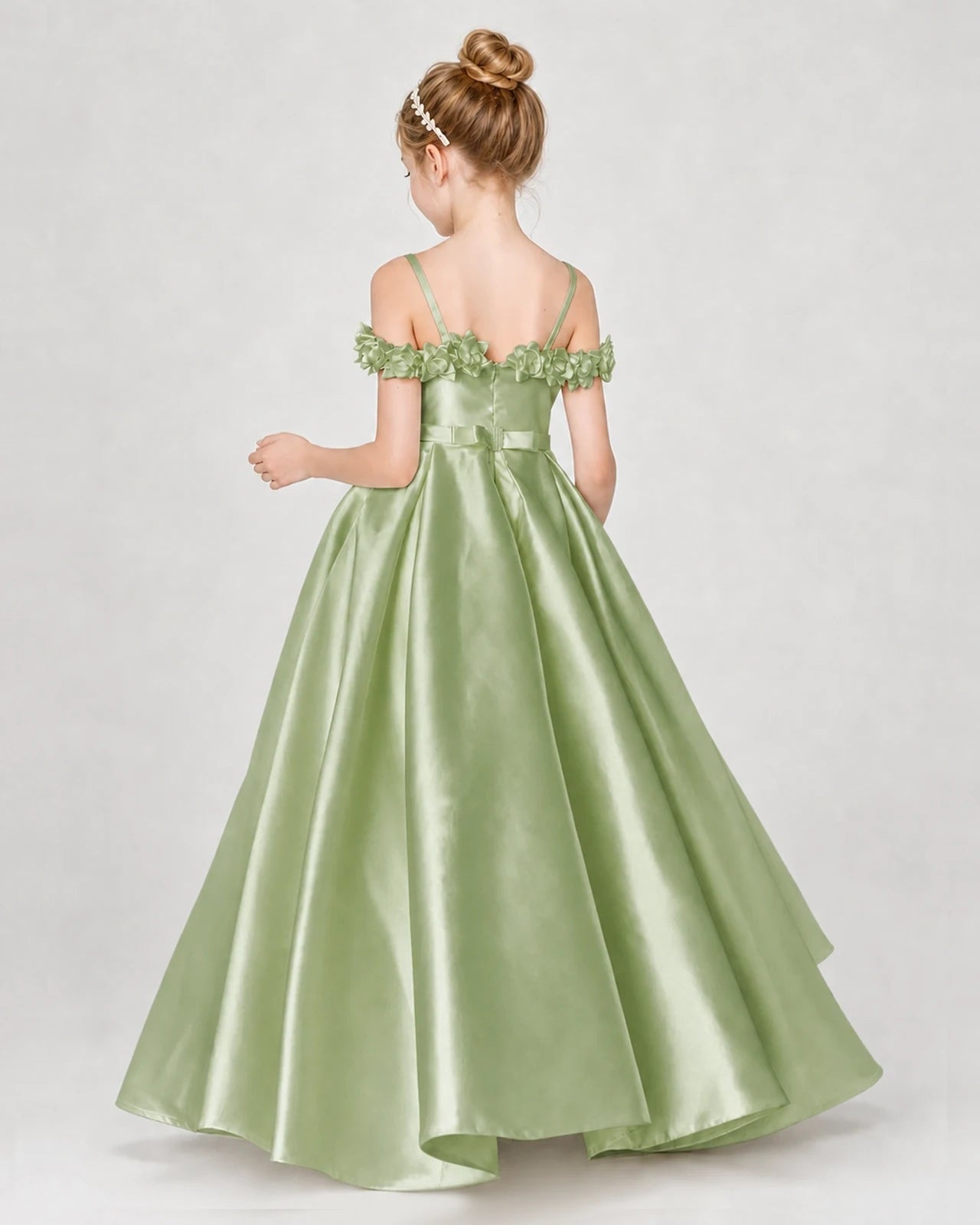 Dideyttawl Satin Girl Formal Dress with 3D Flowers & Off-Shoulder Straps