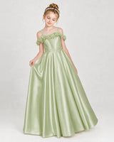 Sage Green Satin A-line Girls Formal Dress Front View