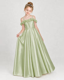 Dideyttawl Satin Girl Formal Dress with 3D Flowers & Off-Shoulder Straps