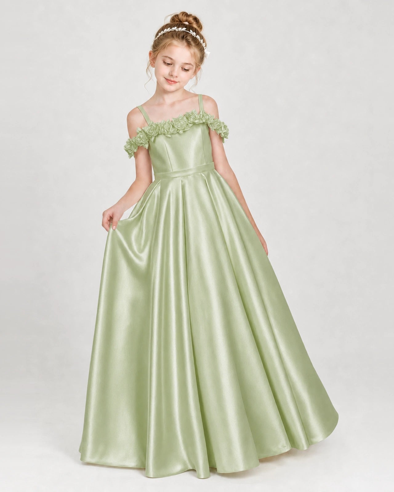 Dideyttawl Satin Girl Formal Dress with 3D Flowers & Off-Shoulder Straps