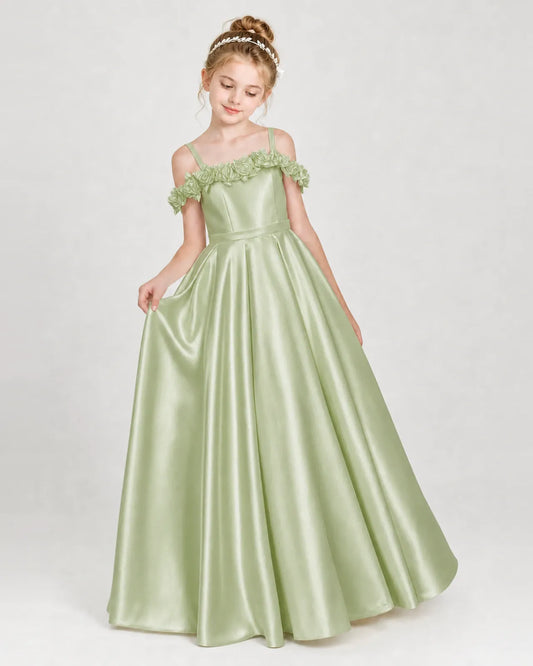 Sage Green Satin A-line Girls Formal Dress Front View