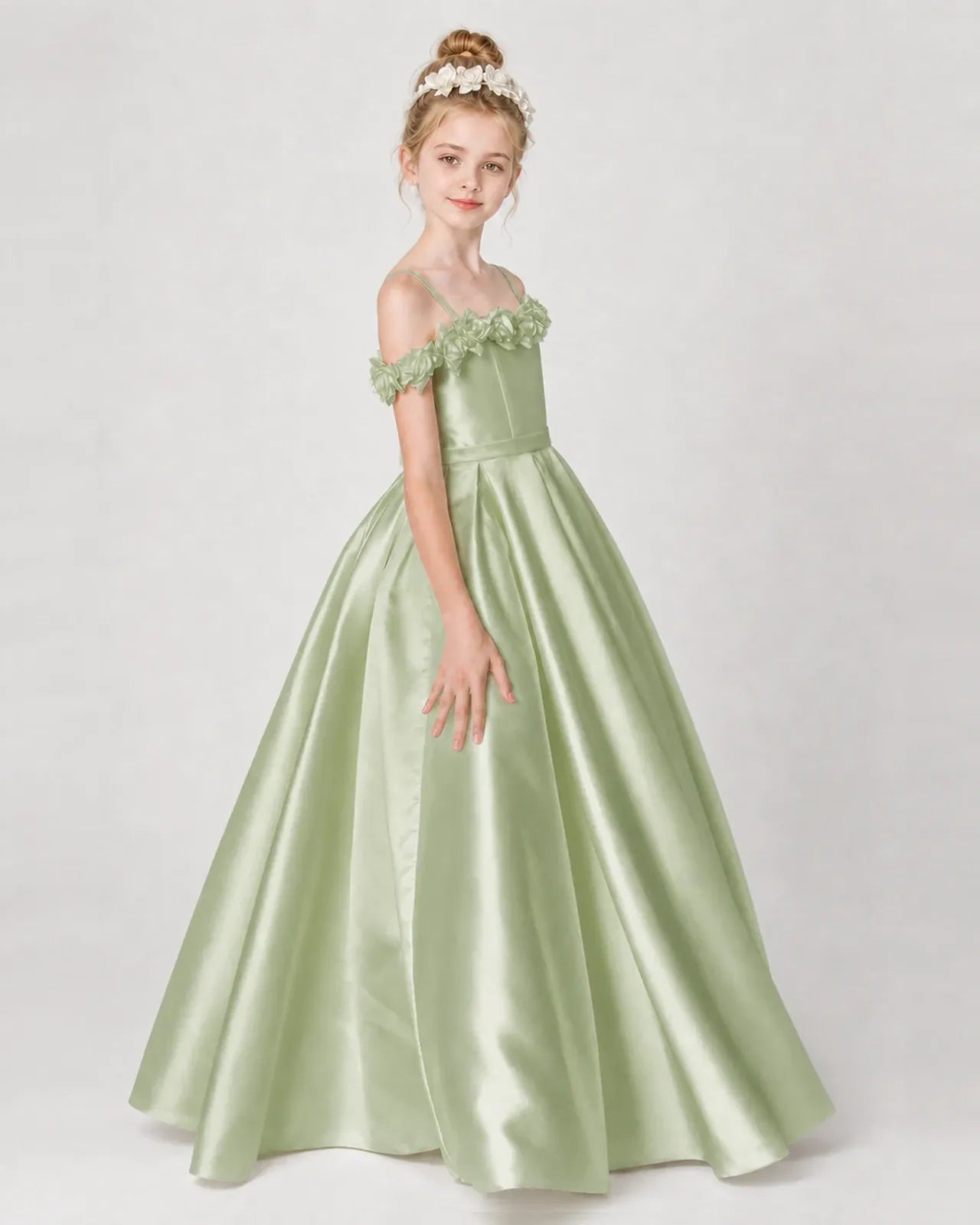 Sage Green Satin A-line Girls Formal Dress Side View