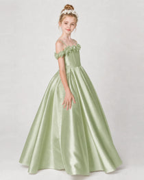 Dideyttawl Satin Girl Formal Dress with 3D Flowers & Off-Shoulder Straps
